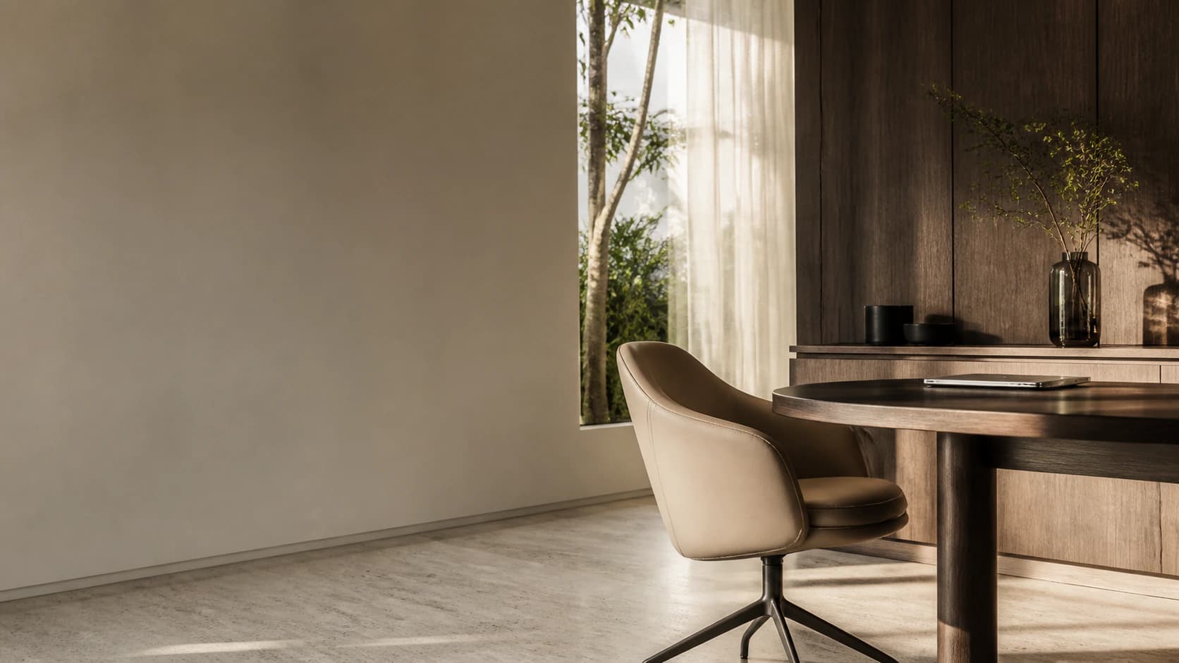 Ambiente conceitual de consulta premium, gerado por inteligência artificial, com mesa de madeira e poltrona.