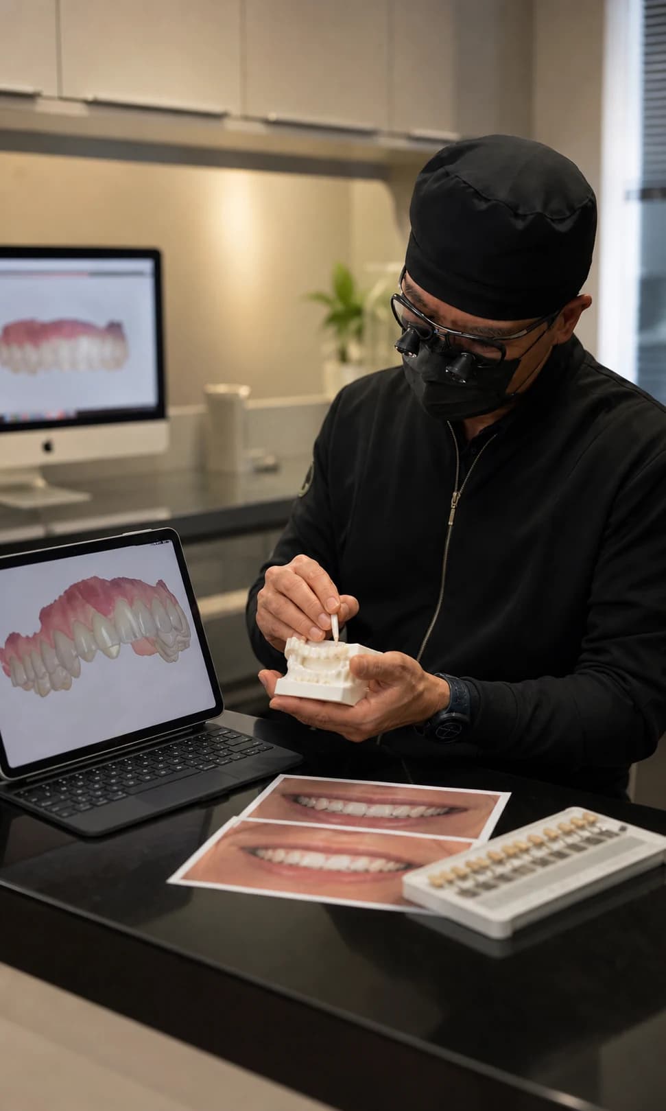 Imagem conceitual do Dr. Rodolfo revisando modelo odontológico, escaneamento digital e registros de sorriso.