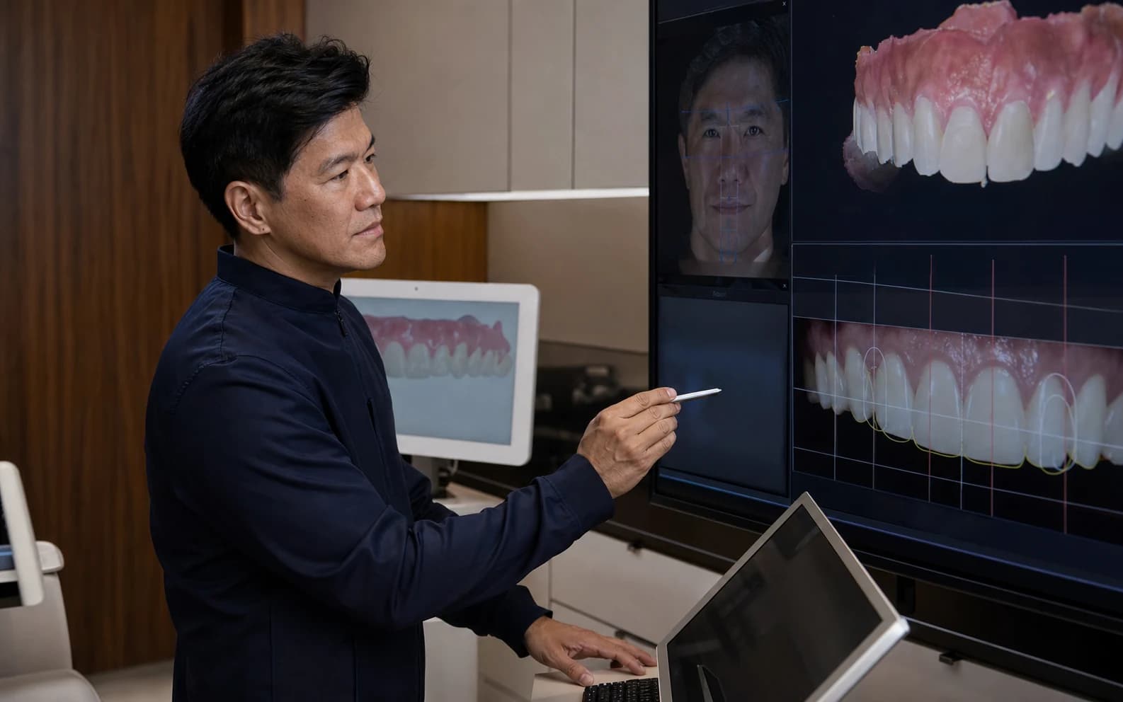 Imagem conceitual do Dr. Rodolfo analisando um planejamento digital detalhado do sorriso.
