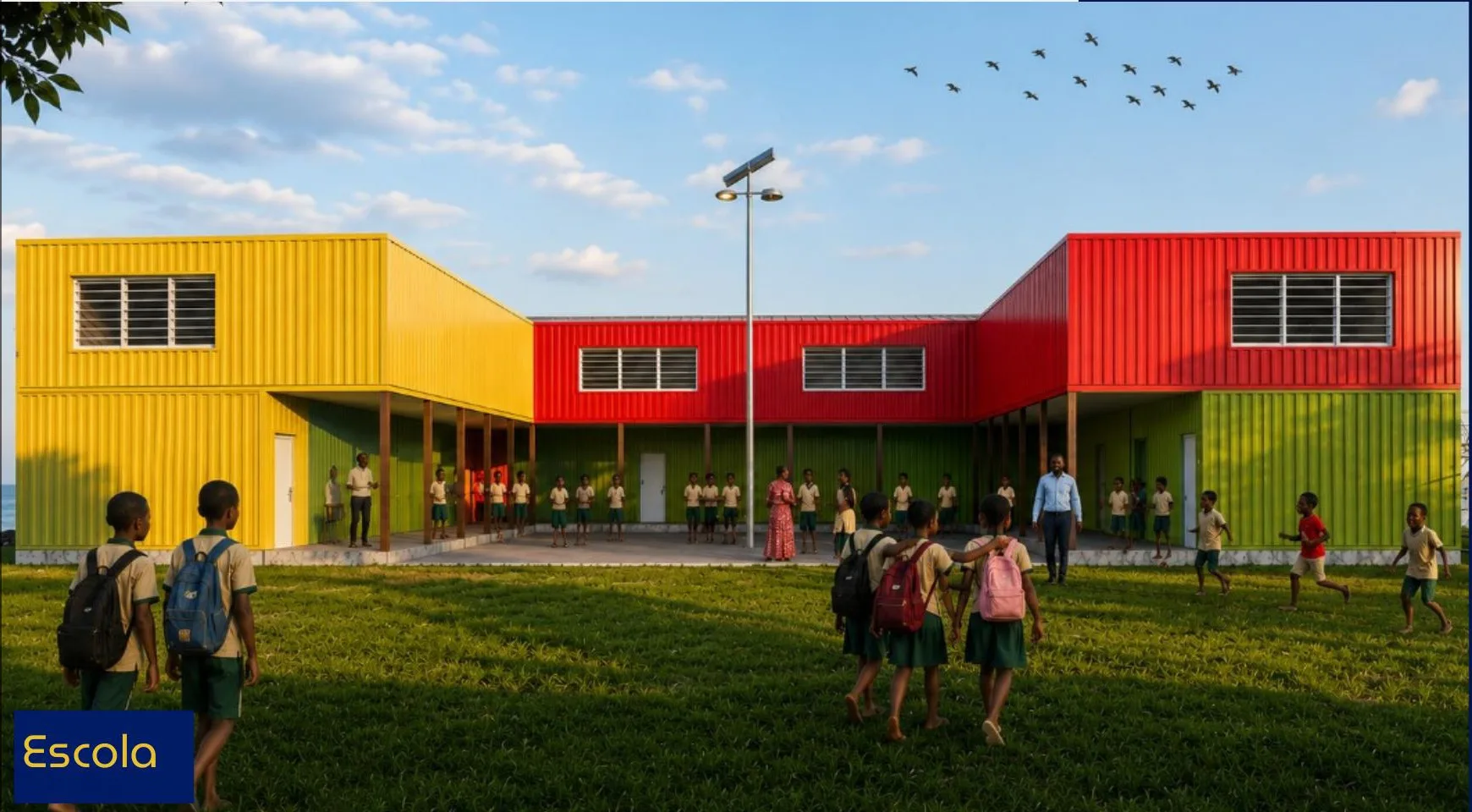 Visualização arquitetônica da escola planejada para o Centro de Influência de Buba.