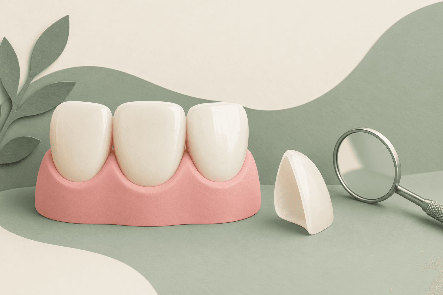 Editorial illustration of teeth conceptual template with pink gums, separate veneer and dental mirror