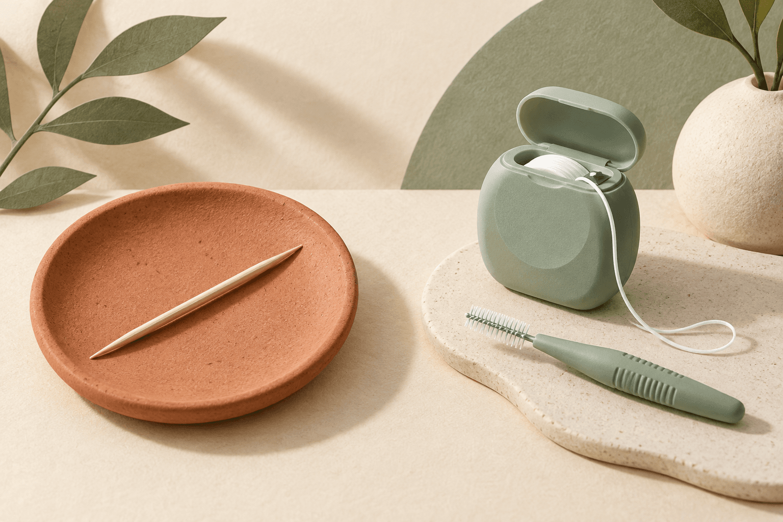 Ilustração de palito de madeira separado de fio dental e escova interdental sobre superfície clara