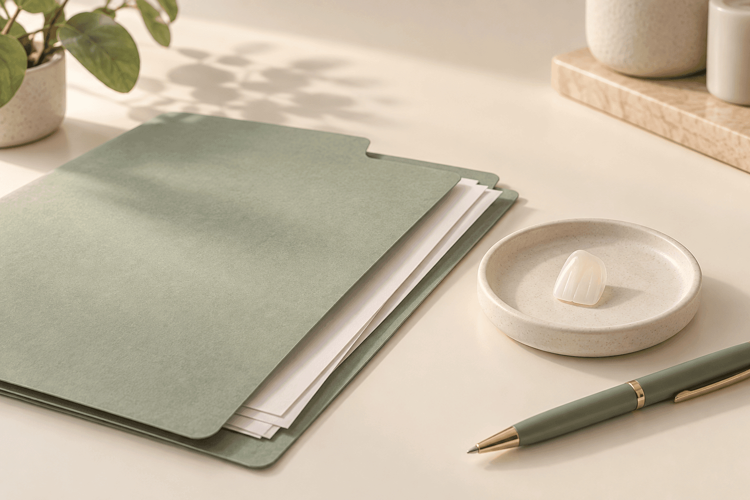 Editorial illustration of document folder, pen and ceramic veneer on clear tray