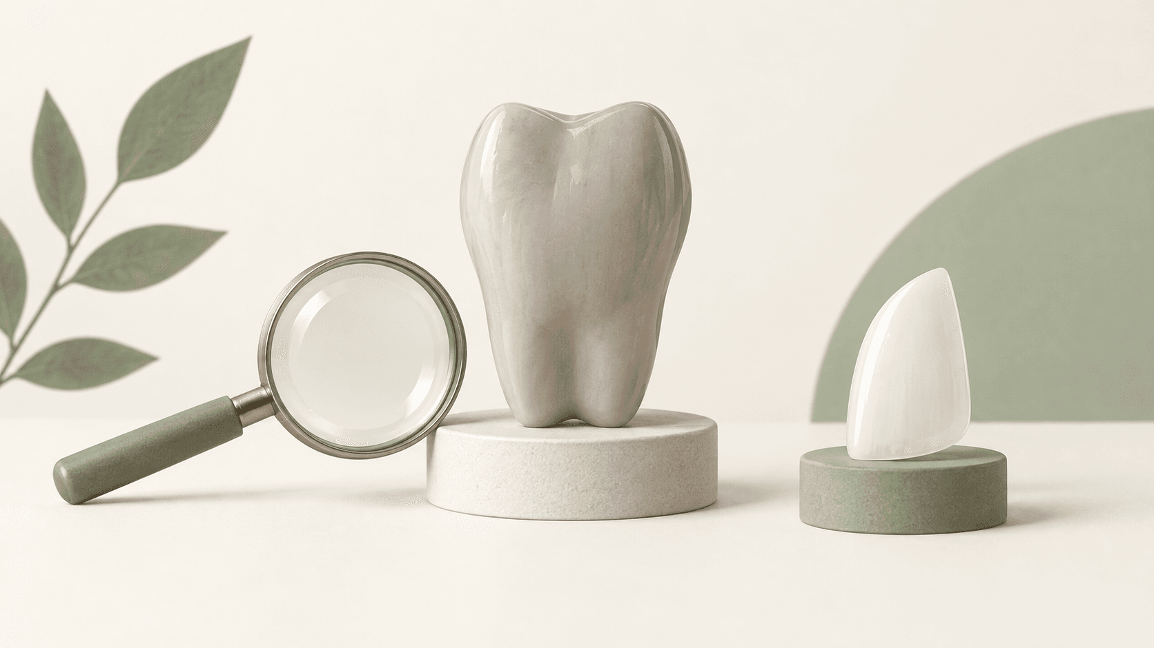 Ilustração editorial de dente cinza estilizado, lupa e faceta cerâmica separada em suportes