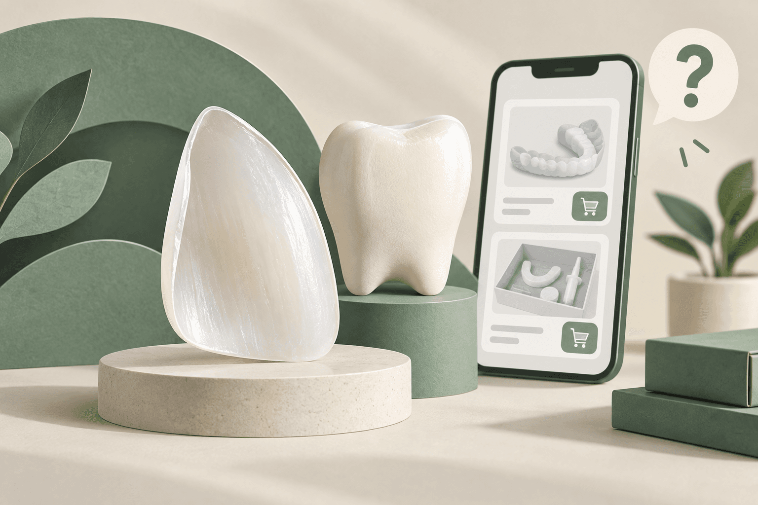 Ilustração editorial de uma faceta cerâmica, modelo de dente e celular com anúncios de kits dentais.
