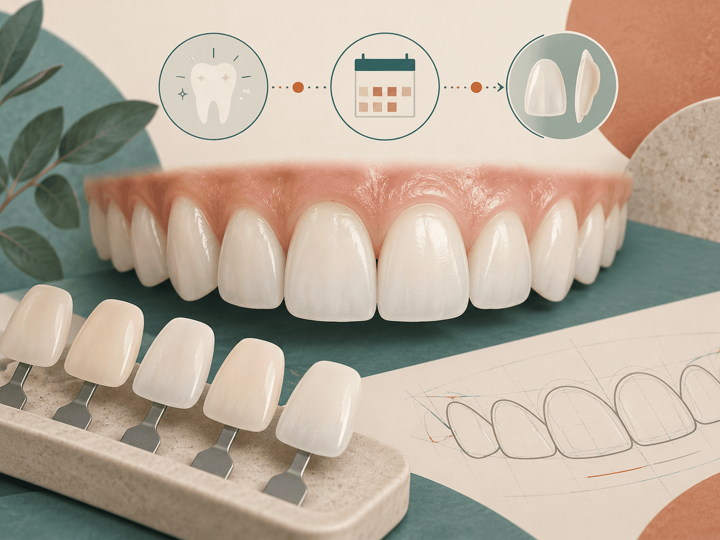 Editorial illustration of the sequence between teeth whitening and color planning of ceramic veneers