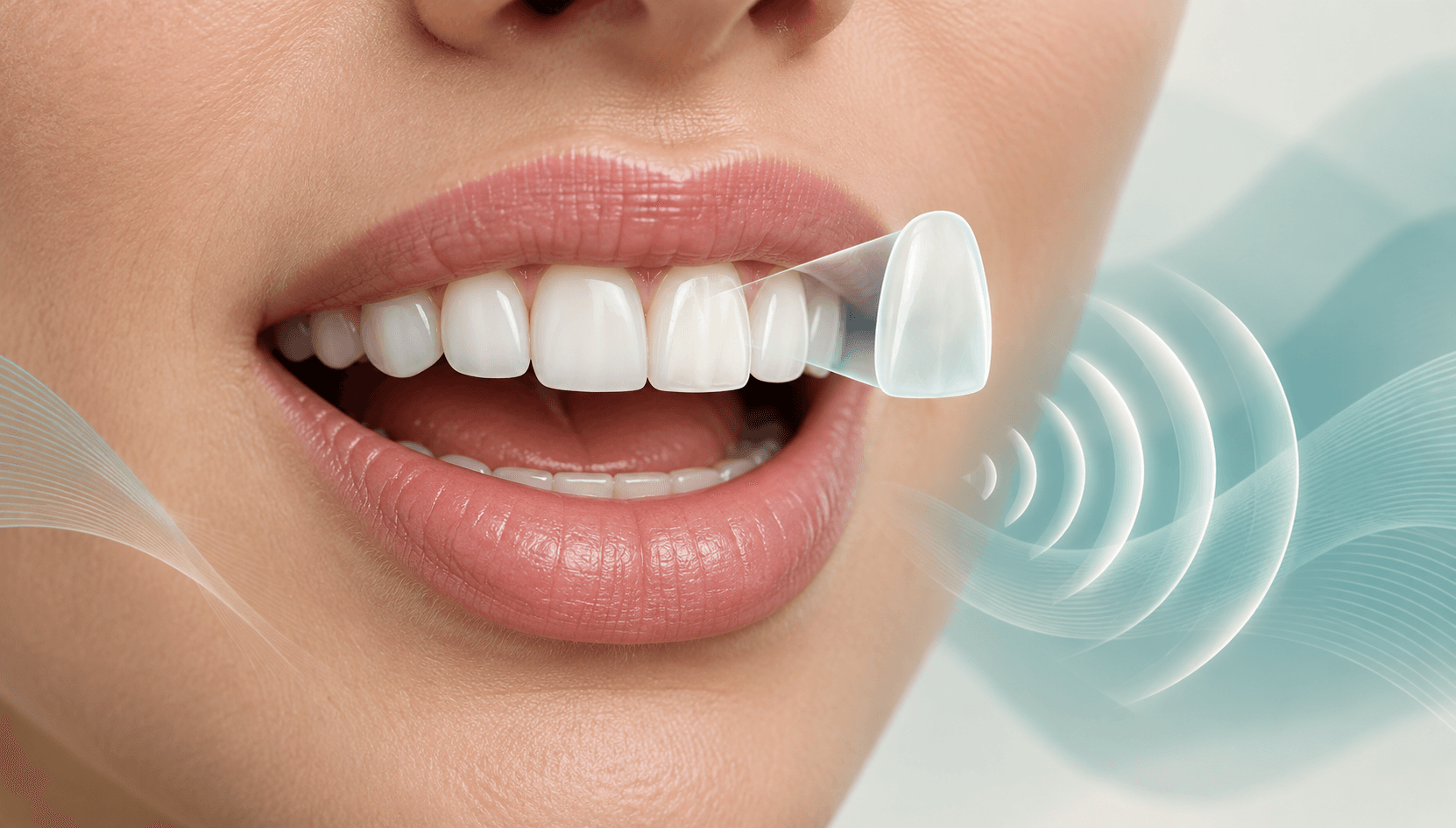 Editorial illustration of ceramic veneer and sound waves next to the anterior teeth