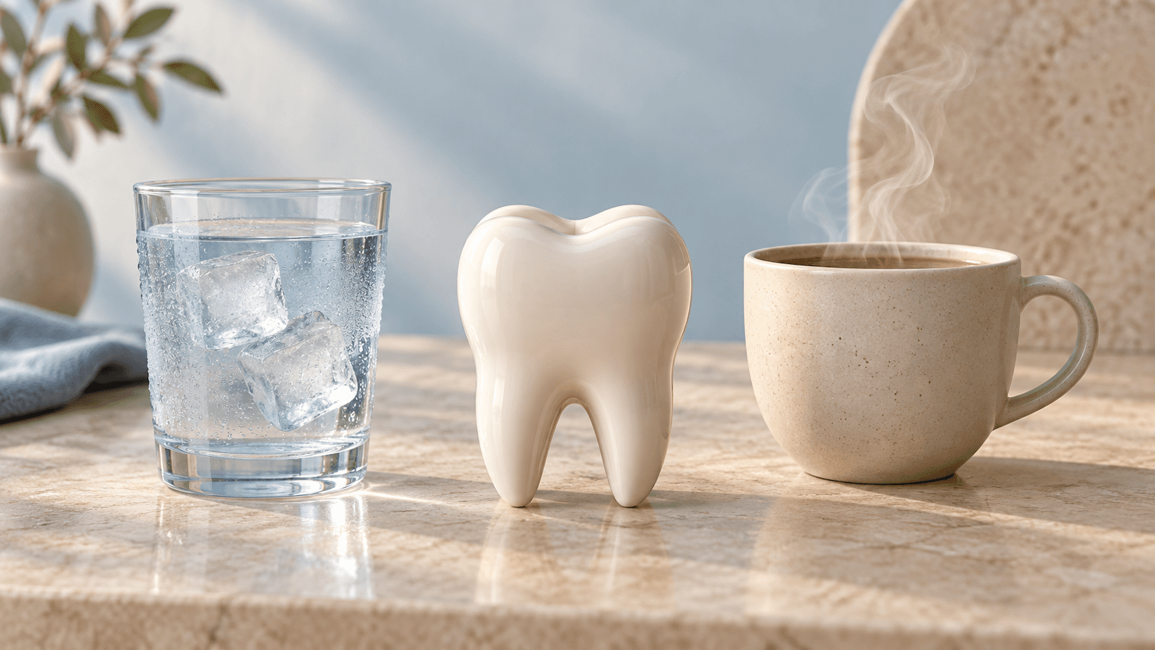 Ilustração gerada por IA de modelo de dente entre copo de água com gelo e xícara com vapor em superfície bege.