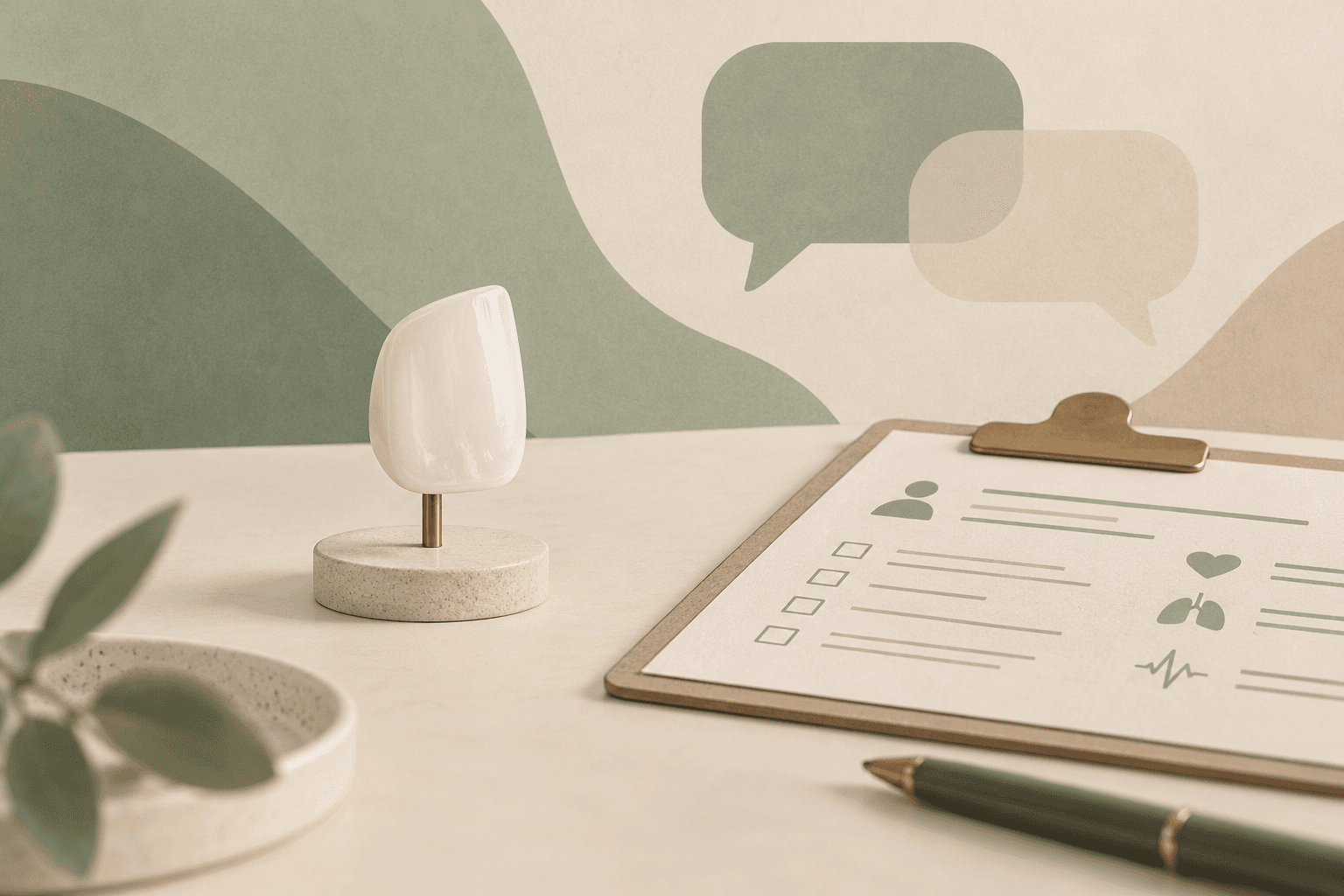 Ceramic veneer editorial illustration next to health history artboard and abstract forms of dialogue