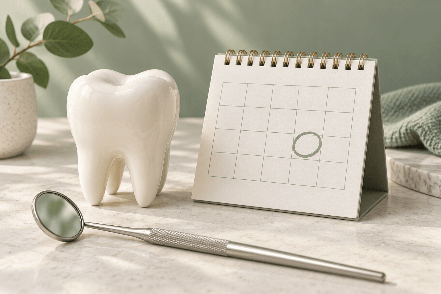 Ilustração editorial de modelo de dente junto a calendário de mesa e espelho odontológico em fundo claro.