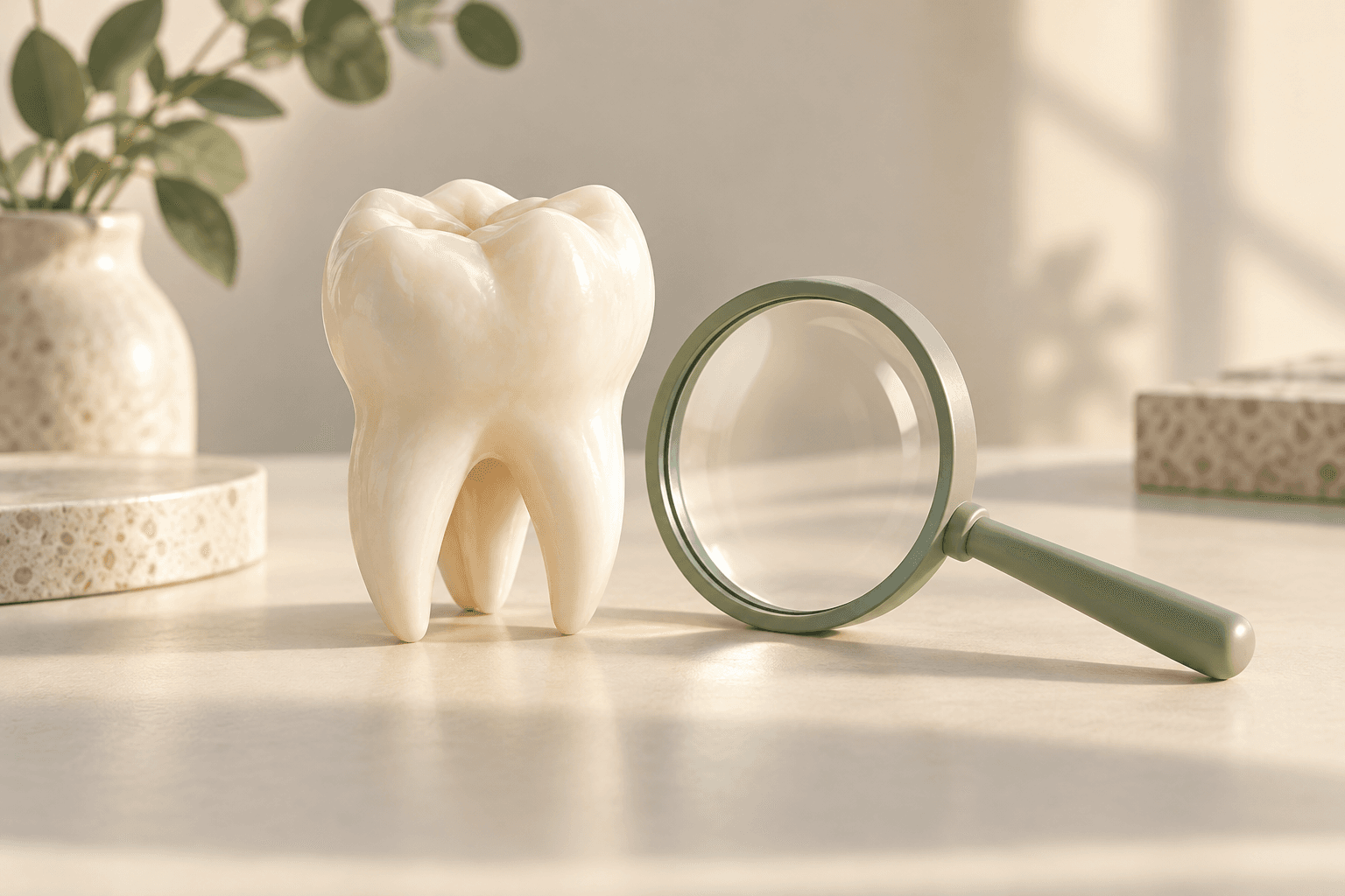 Editorial illustration of a molar tooth model next to a green magnifying glass on clear surface