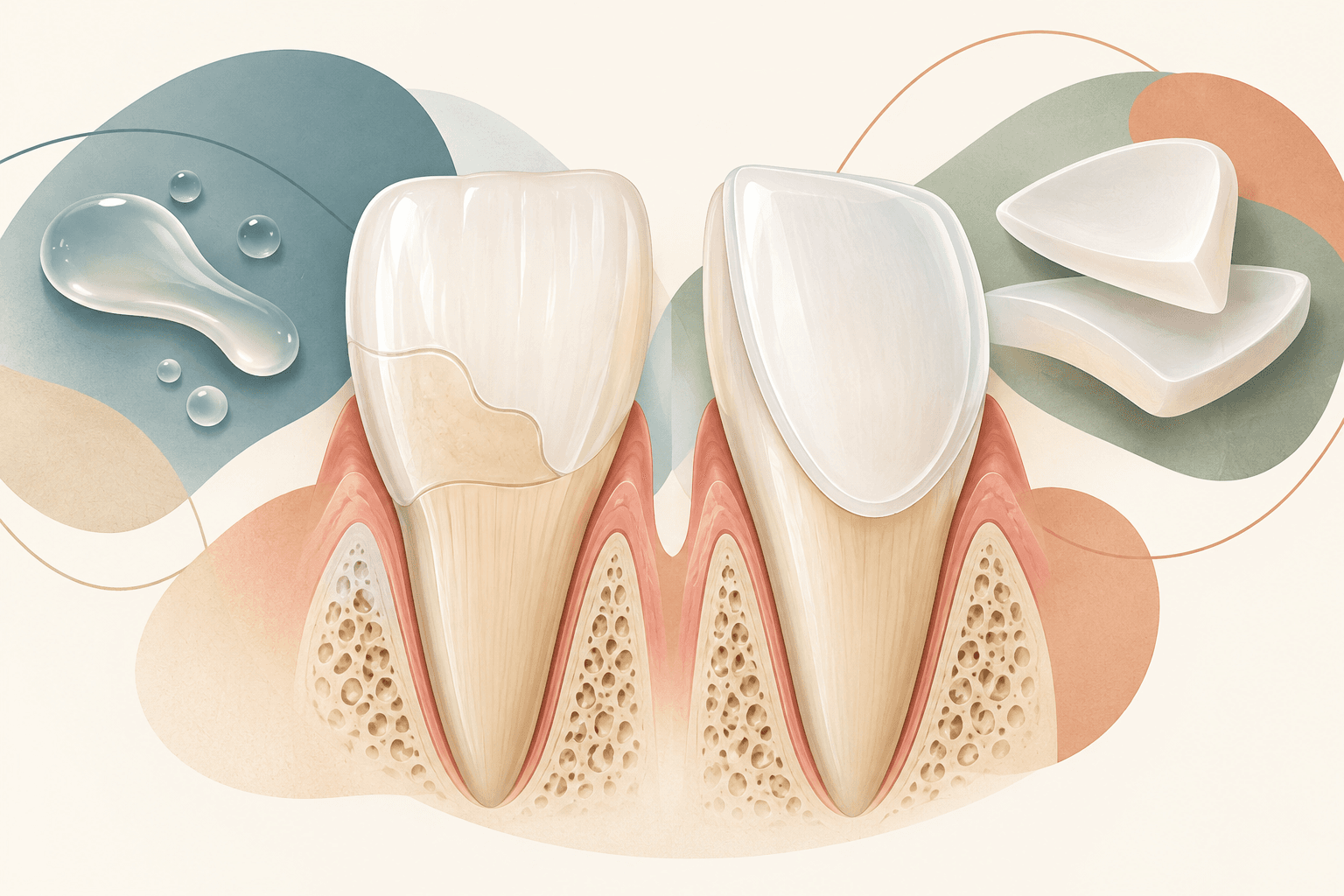 Editorial illustration of two cutting teeth, a resin restoration and a ceramic veneer