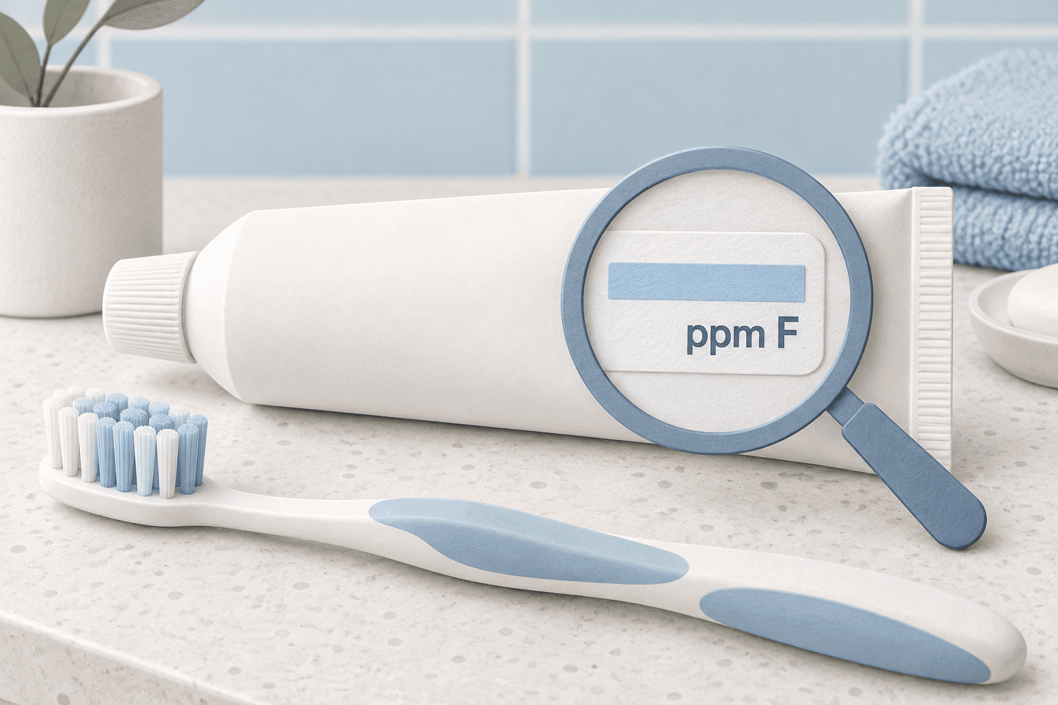 Ilustração editorial de creme dental sem marca, escova e lupa destacando a inscrição ppm F.
