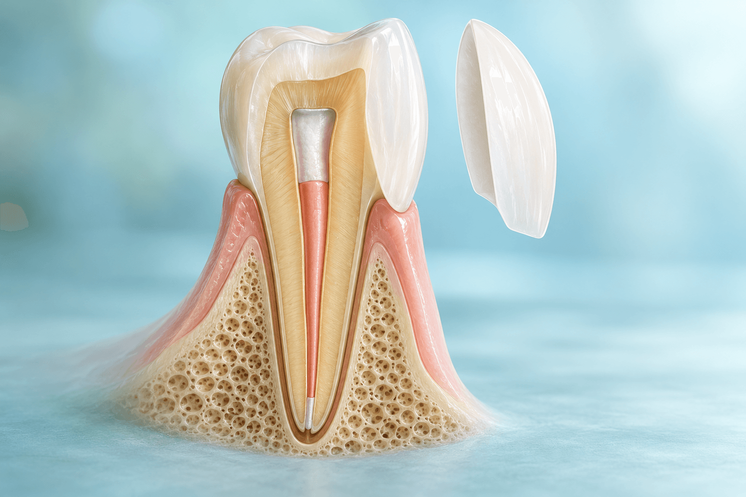 Editorial illustration of a root canal treated tooth next to a ceramic veneer