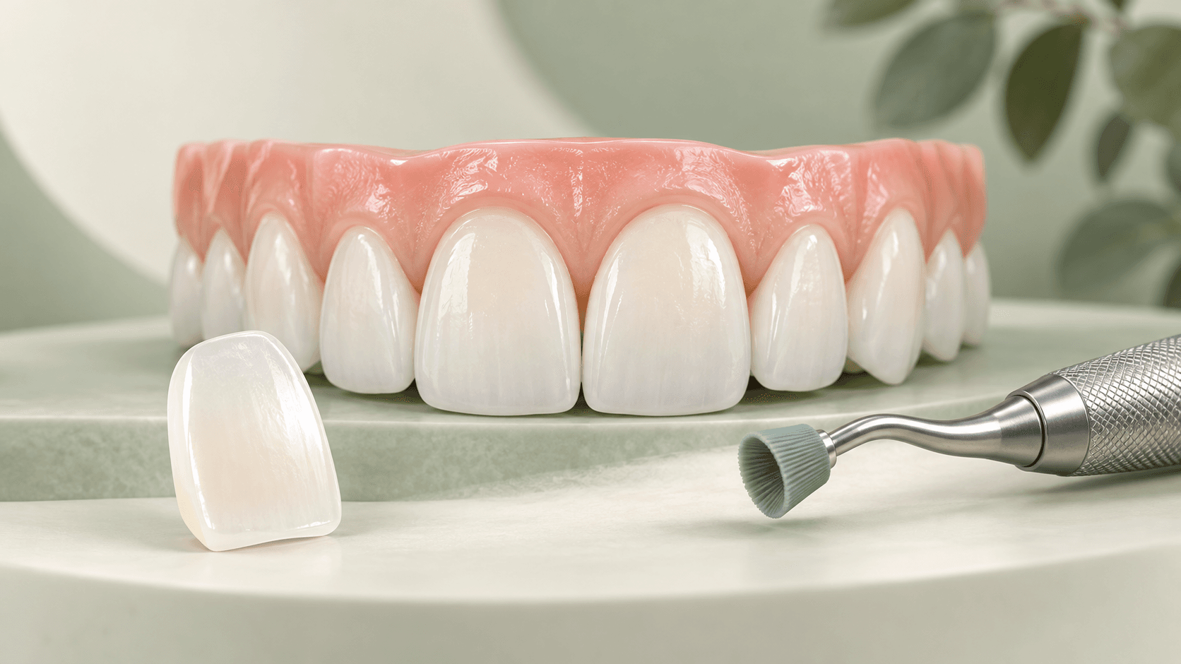 Editorial illustration of ceramic veneers and prophylaxis instrument on clear bench