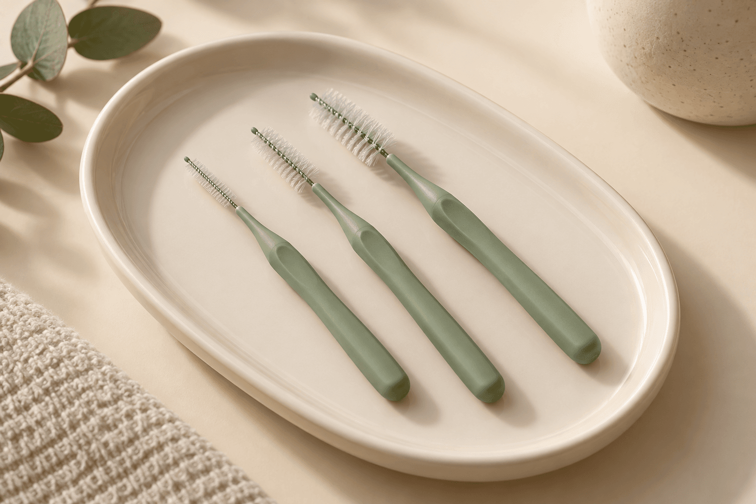 Editorial illustration of three interdental brushes with different thicknesses on a clear tray