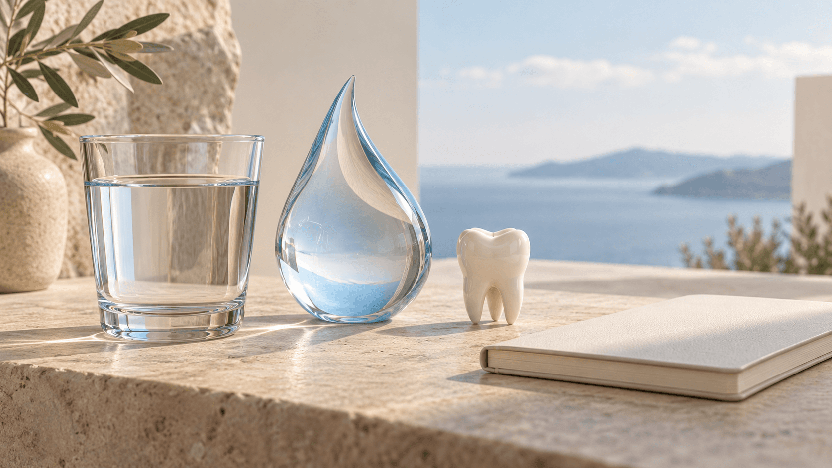 Ilustração gerada por IA com copo de água, gota de vidro, modelo de dente e caderno sobre uma mesa clara.