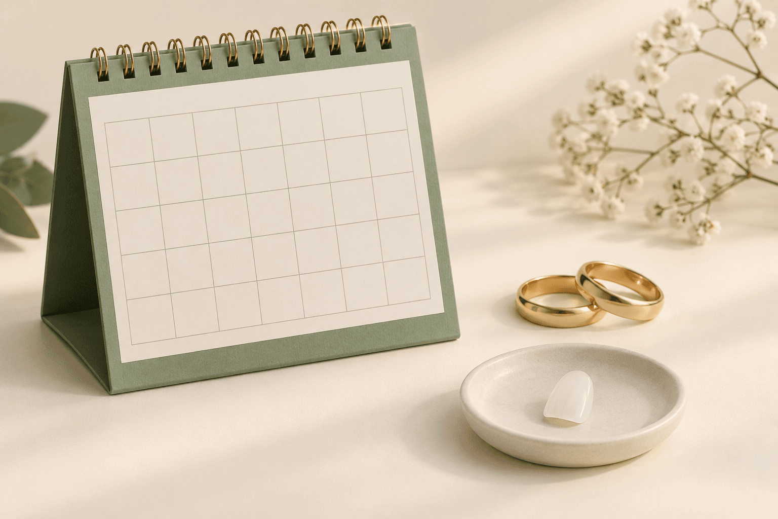Editorial illustration of calendar without dates, wedding rings and a ceramic veneer on a small tray