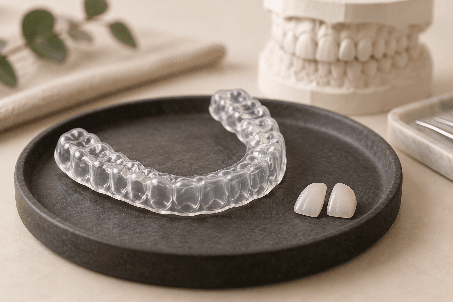 Ilustração gerada por IA de dispositivo intraoral transparente ao lado de dois laminados cerâmicos.