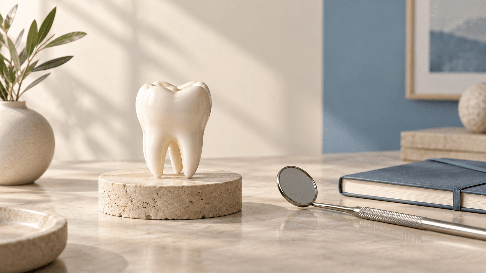 Ilustração gerada por IA de modelo de dente íntegro sobre pedestal, com espelho odontológico e caderno.