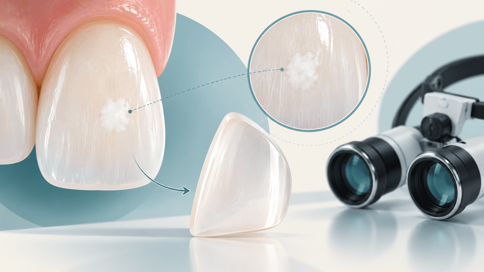 Editorial illustration of white spot on enamel, ceramic veneer and dental evaluation