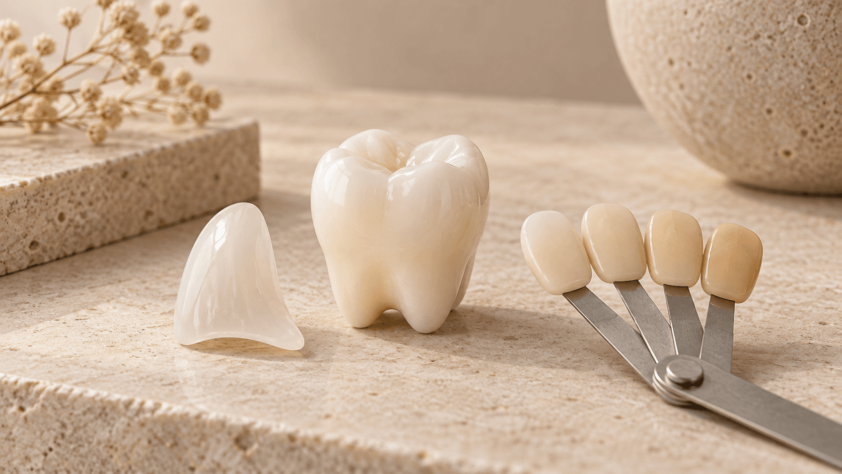 Ilustração gerada por IA de modelo de dente, lâmina cerâmica e escala de cores sobre superfície bege.