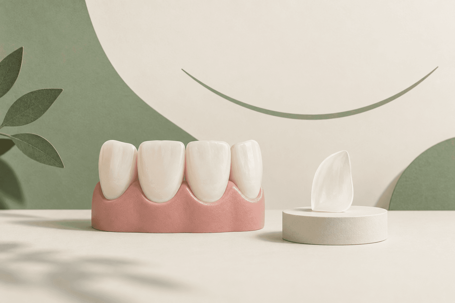 Ilustração editorial de modelo de quatro dentes com gengiva rosa e faceta cerâmica isolada sobre pedestal