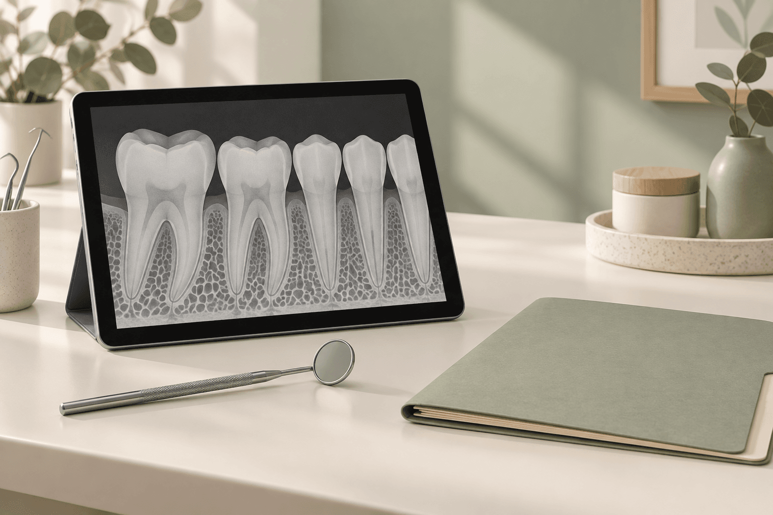 Ilustração editorial de tablet com desenho esquemático de dentes em tons de cinza, pasta e espelho; não é exame real.