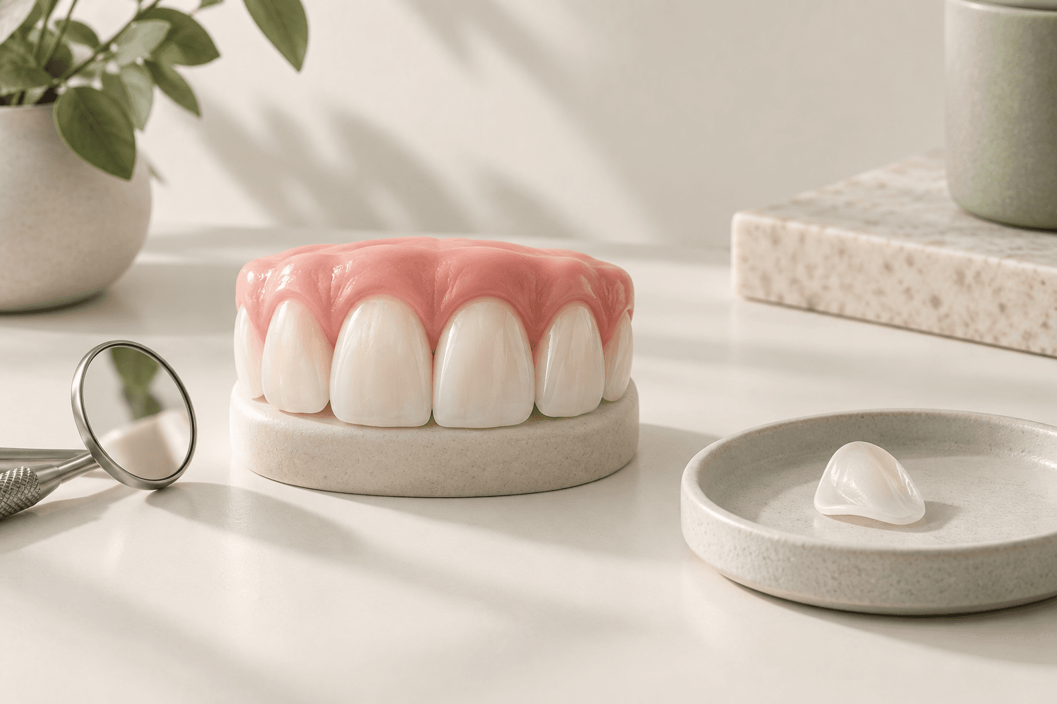 Ilustração editorial de modelo de dentes e gengiva, espelho odontológico e faceta cerâmica separada em bandeja.