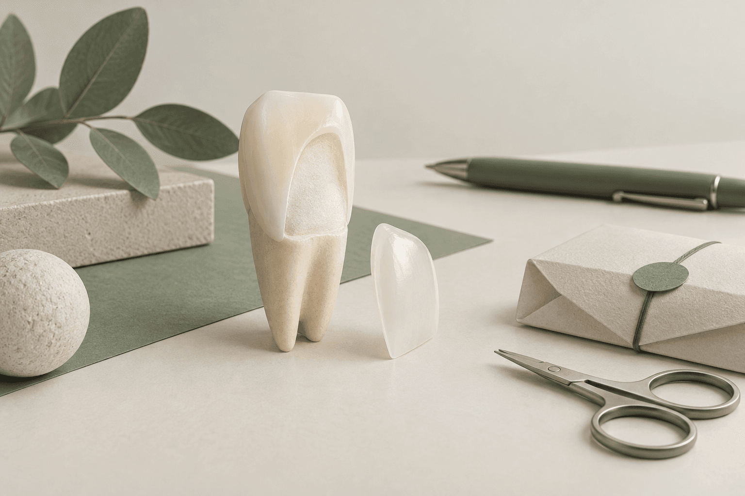 Ilustração editorial de modelo de dente e faceta cerâmica ao lado de caneta, tesoura e embalagem de papel