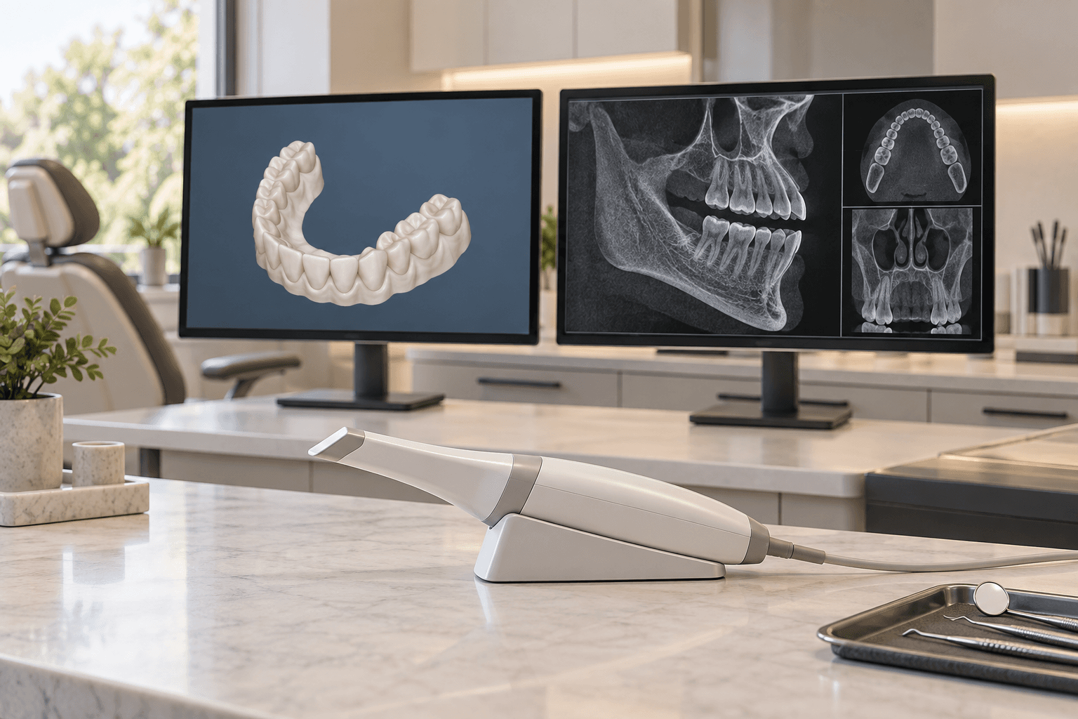 Ilustração gerada por IA de scanner intraoral e telas com modelo de superfície dental e imagem tomográfica.