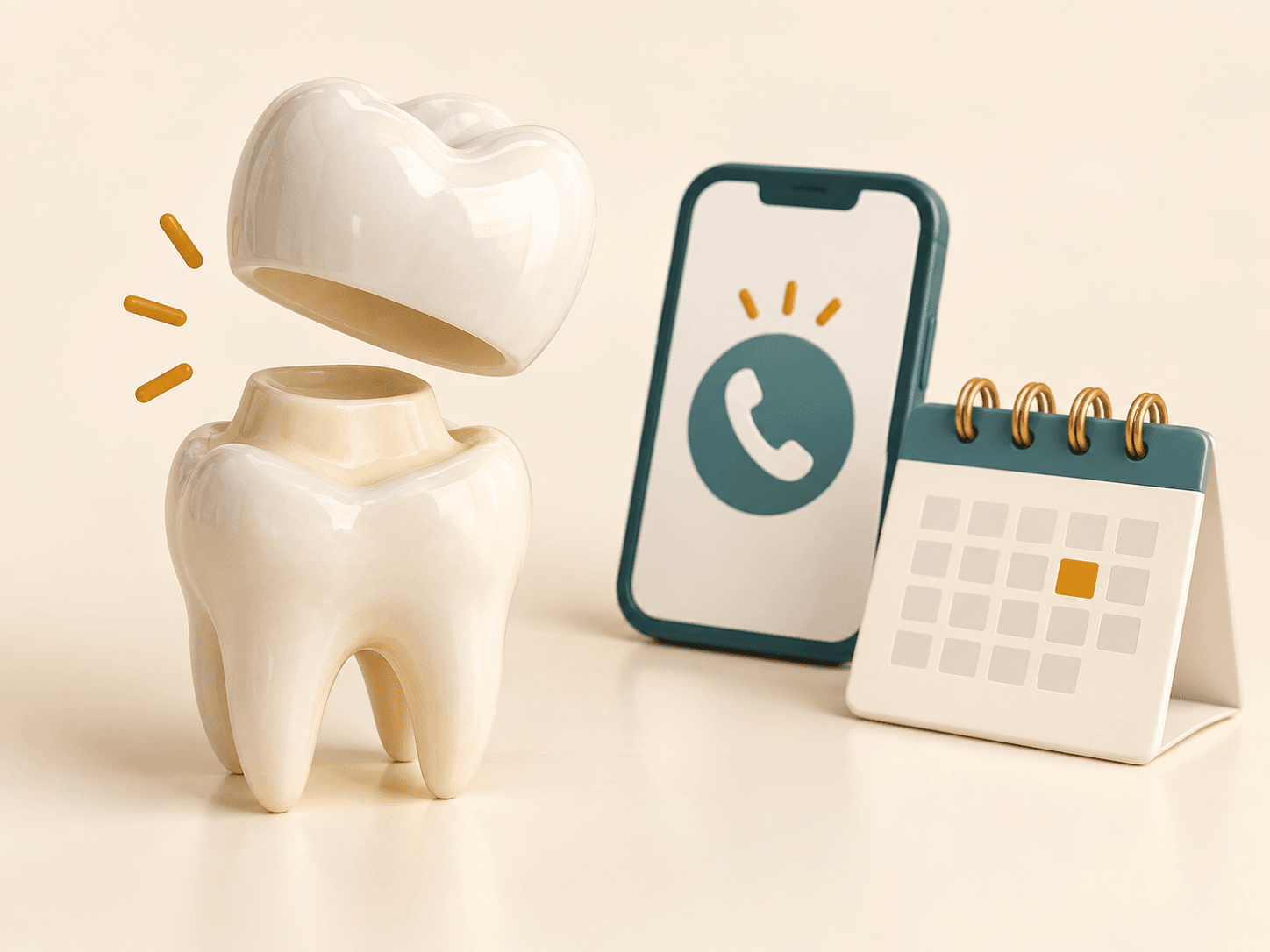 Editorial illustration of a loose prosthetic crown next to a calendar for dental appointment