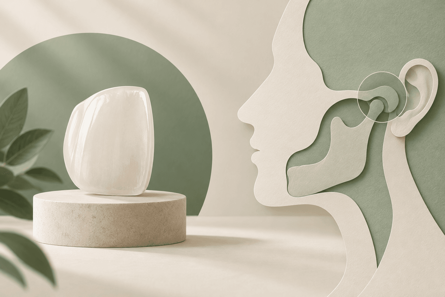 Ilustração editorial de faceta cerâmica e perfil abstrato de rosto com marca discreta próxima à articulação da mandíbula