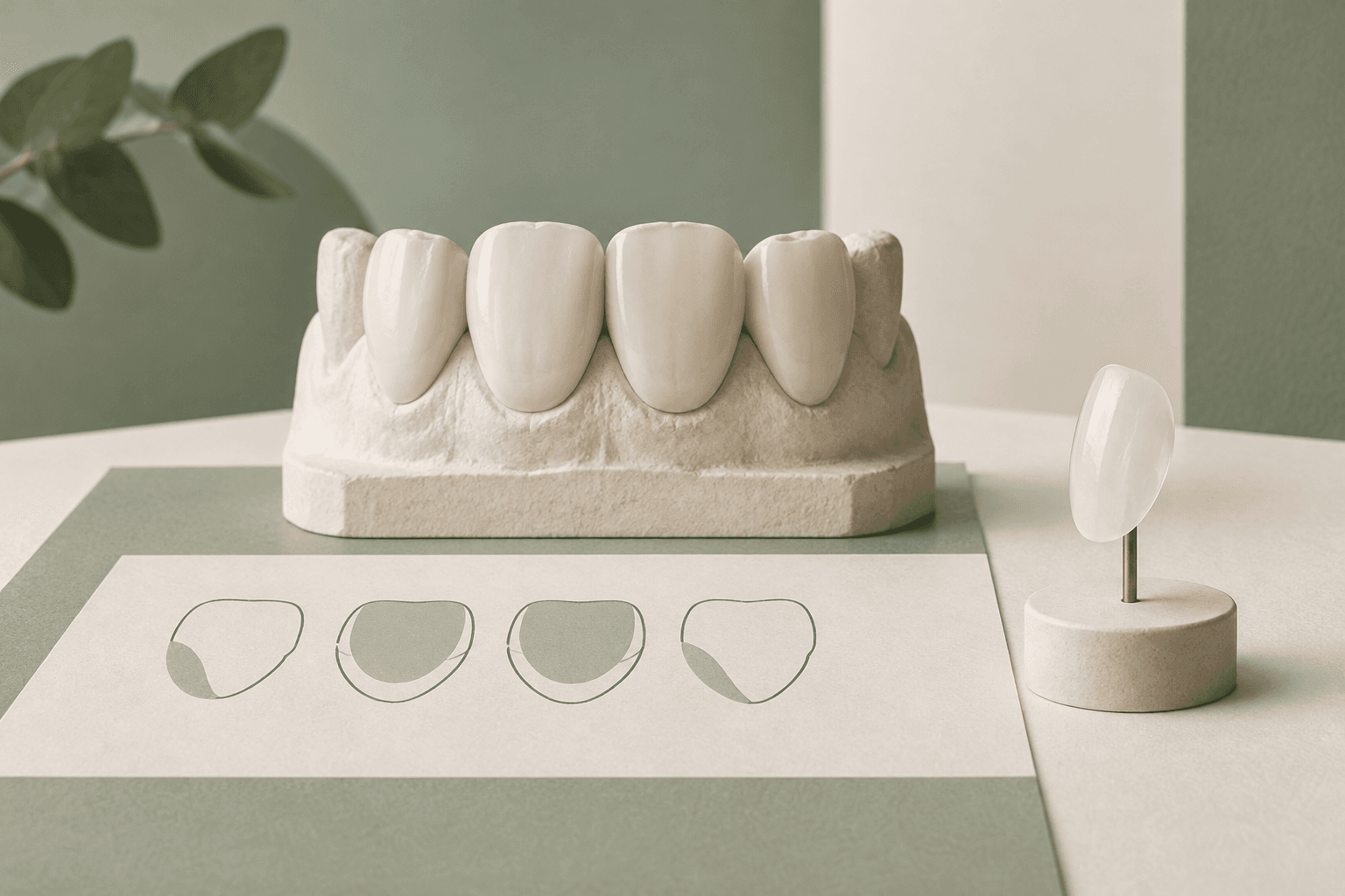 Ilustração editorial de quatro dentes em modelo didático e uma faceta cerâmica isolada em suporte