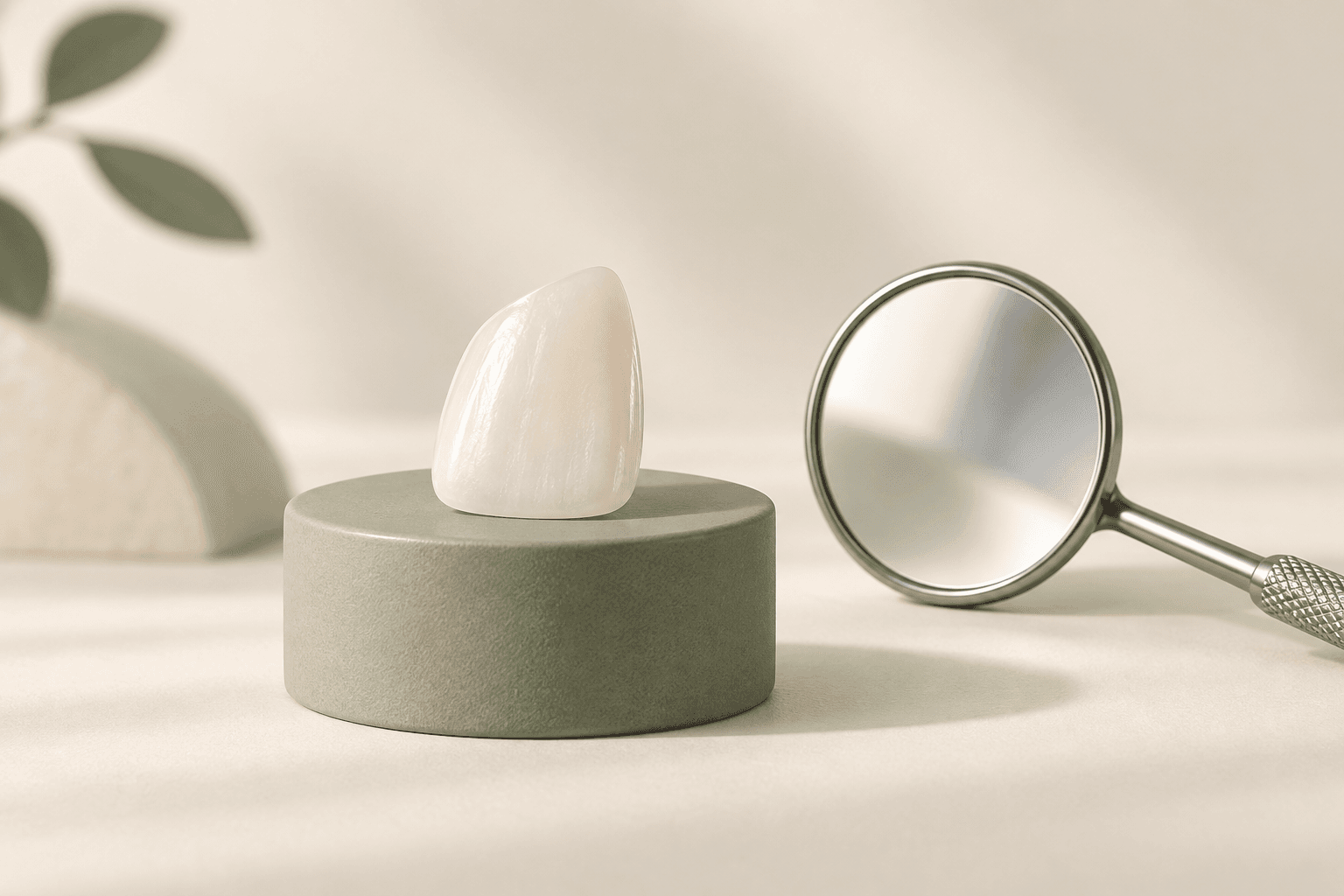 Editorial illustration of a ceramic veneer on green support next to a dental mirror