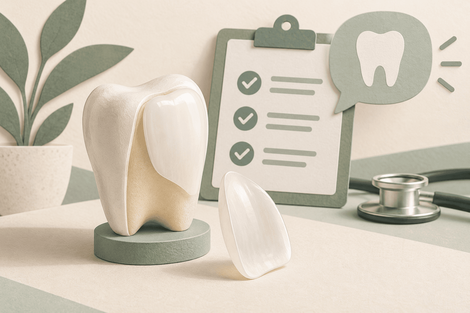 Ilustração editorial de modelo de dente com faceta, lâmina cerâmica e ficha de avaliação médica.