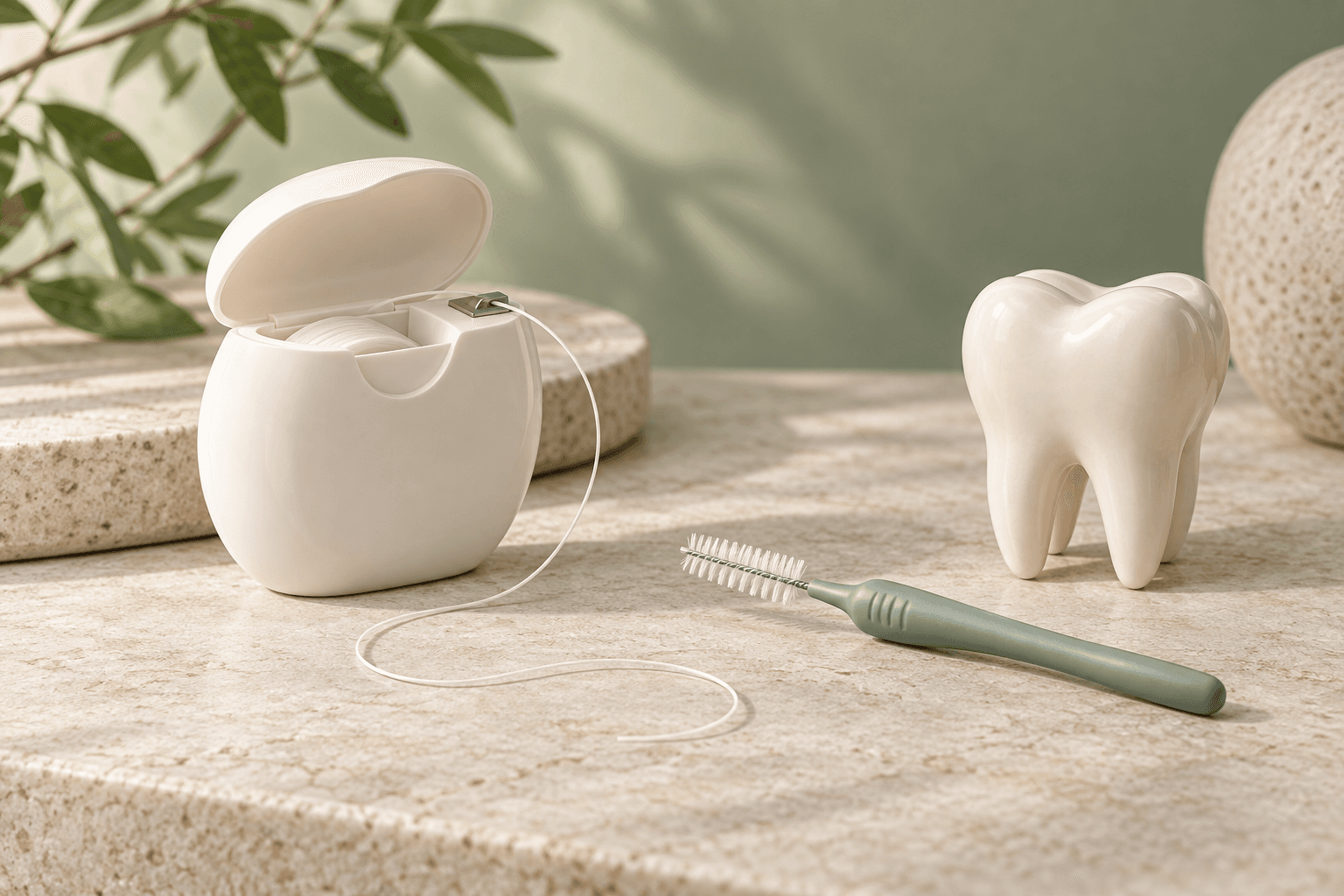 Ilustração editorial com caixa de fio dental, escova interdental e modelo de dente sobre superfície clara.