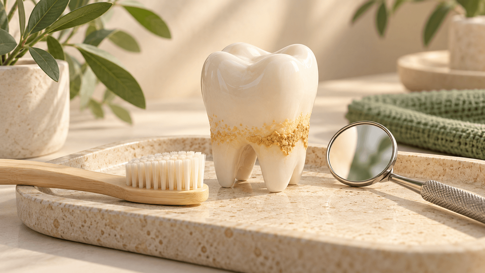 Ilustração gerada por IA de modelo de dente com faixa dourada conceitual na base, escova e espelho odontológico.