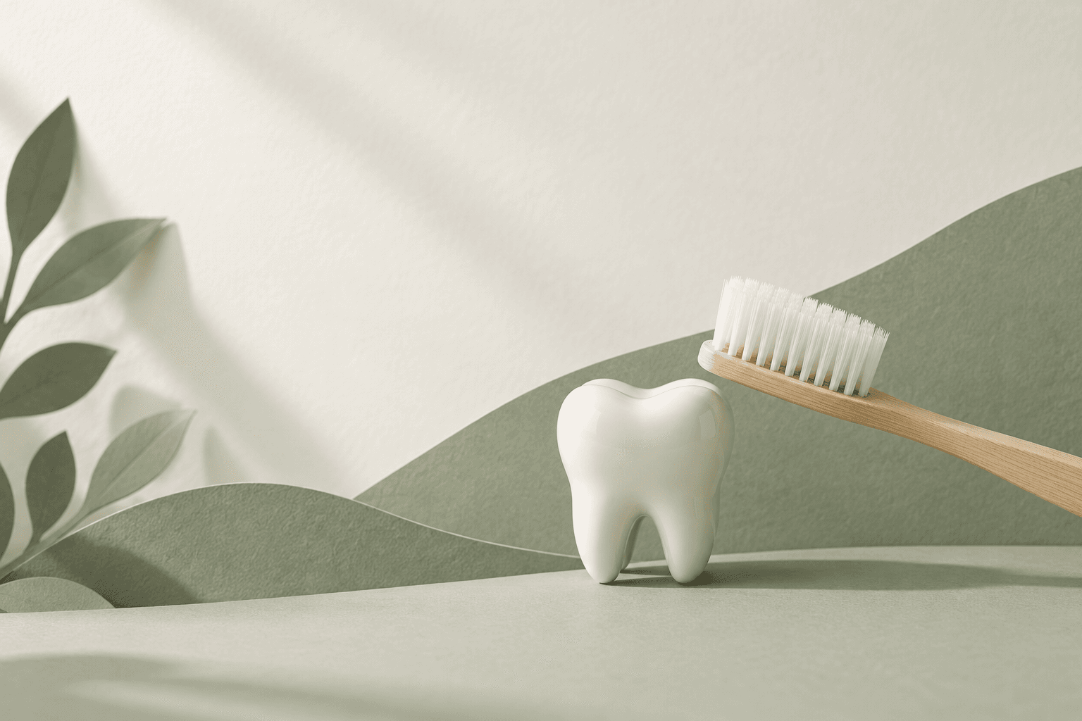 Ilustração editorial de escova com cerdas finas ao lado de modelo de dente branco sobre fundo verde e marfim
